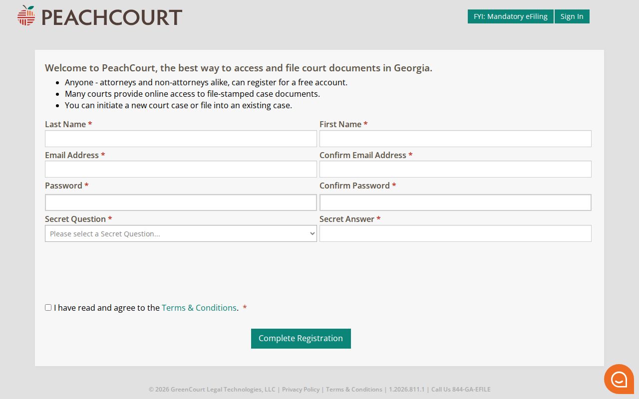 PeachCourt registration fields for access to Glascock County Superior docket search