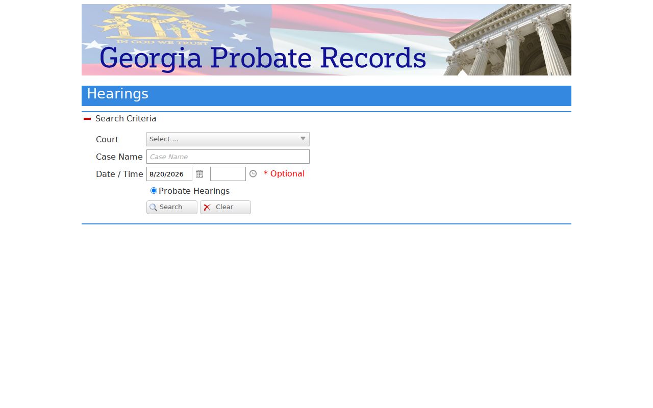 Georgia Probate Records hearing search with court date and case name controls