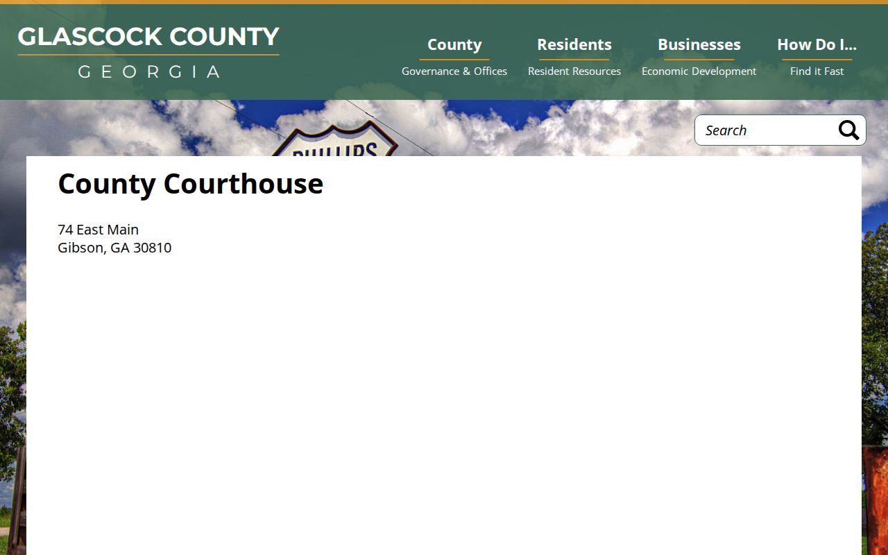 Glascock County courthouse location listing at 74 East Main in Gibson